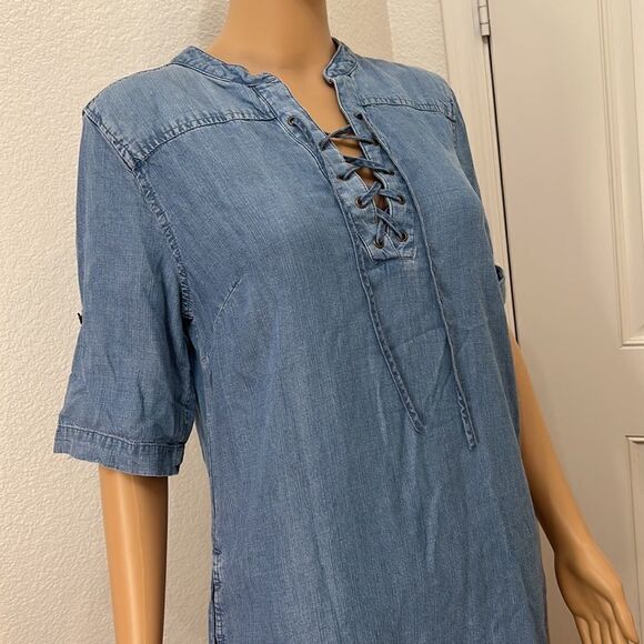 Philosophy Medium Tercel Lace Up Dress Mini Light Wash Denim 3/4 Roll Up Sleeve - Picture 3 of 13